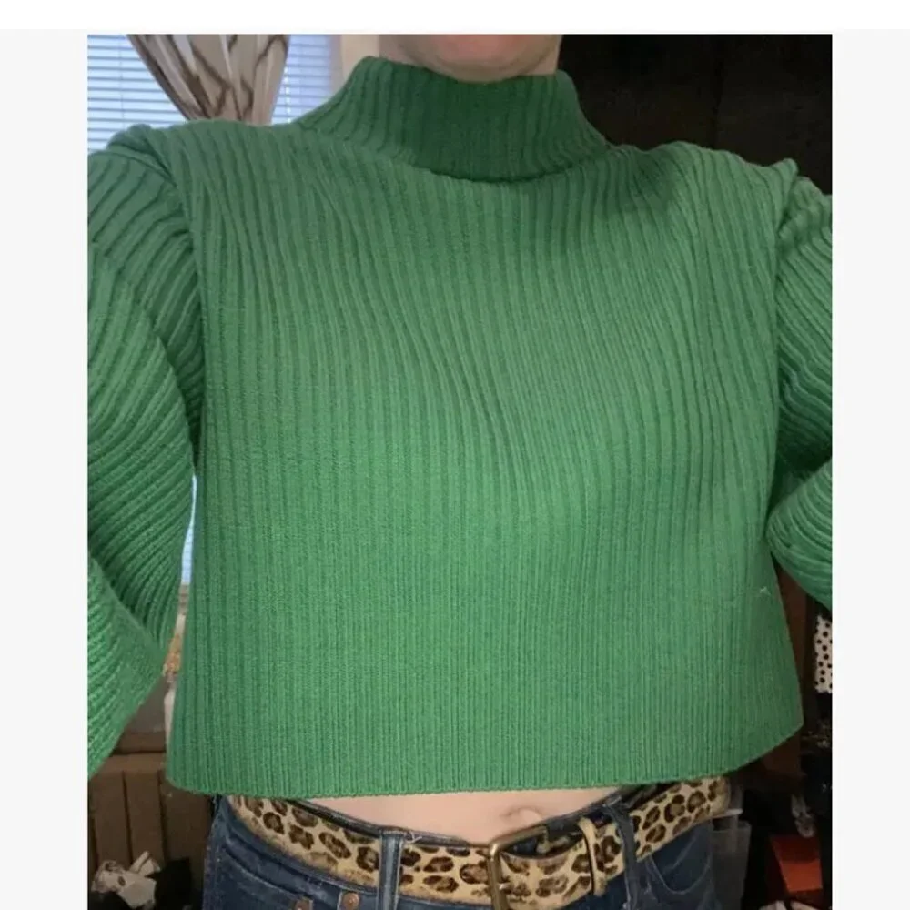 TIBI Sweater Green Wool Rib Cropped Pullover Mock Turtleneck XS